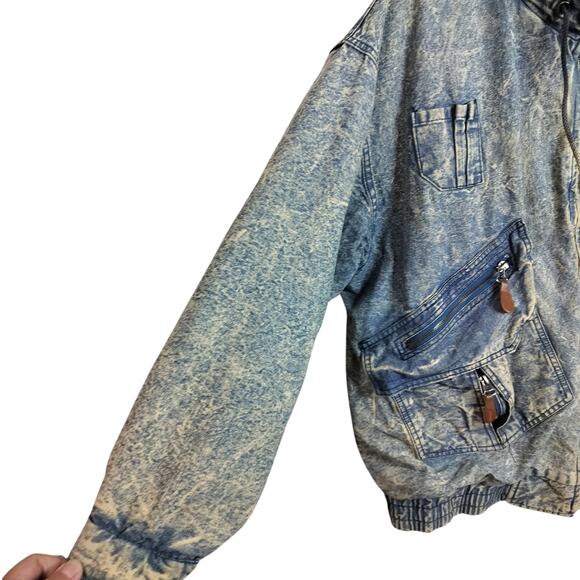 4377)Vtg 80s M Saxton Hall Unisex Acid wash Denim Hooded Paisley Bomber Jacket - Picture 7 of 14